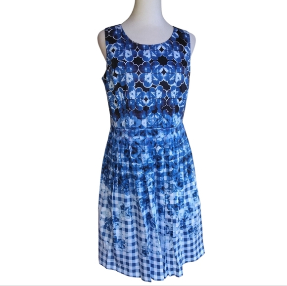 Talbots Blue & White Gingham Floral Fit N Flare Style Midi Length Dress Size 6P - Picture 3 of 10